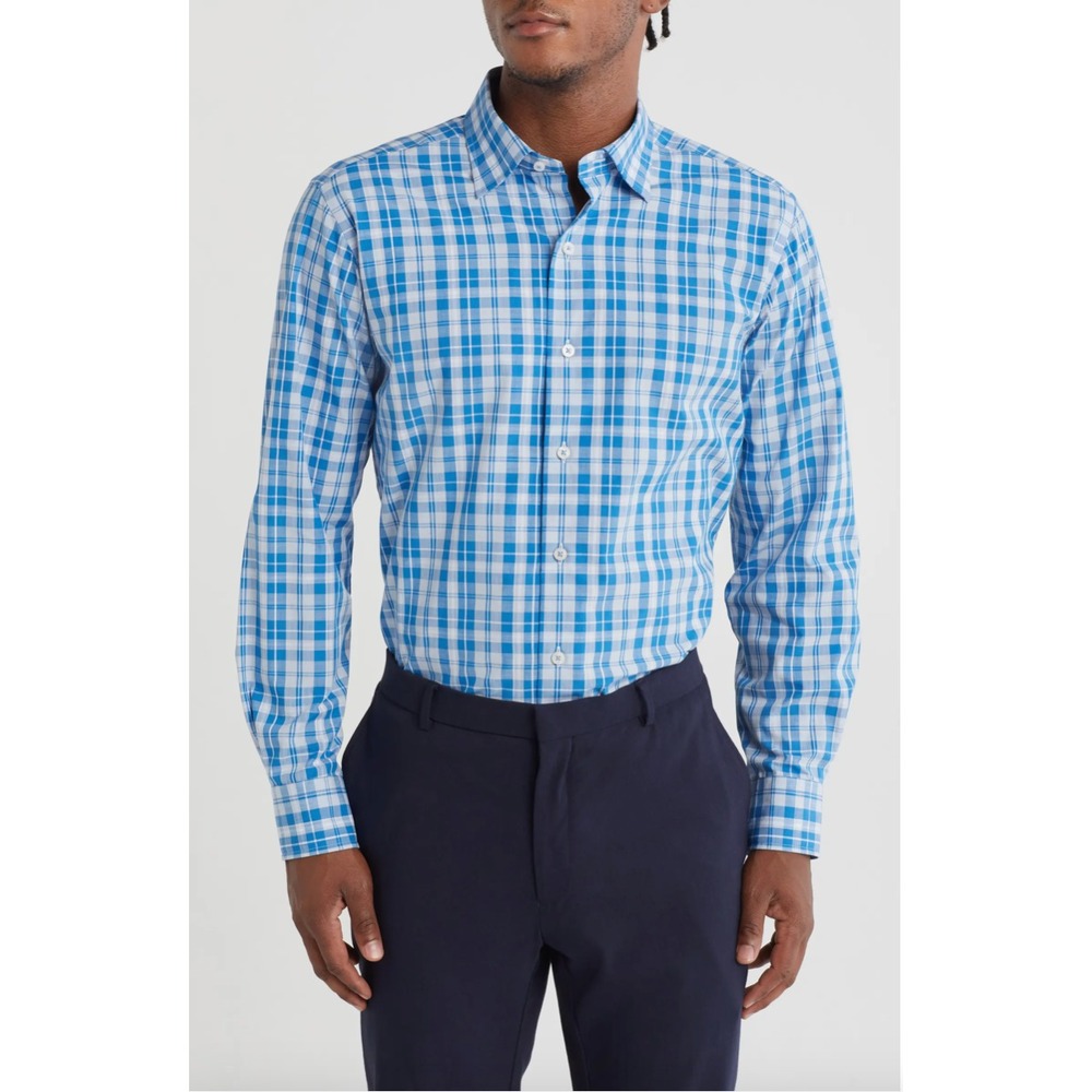 David Donahue Men's Large Sport Shirt Blue Plaid Trim Fit LS Preppy NWT‎